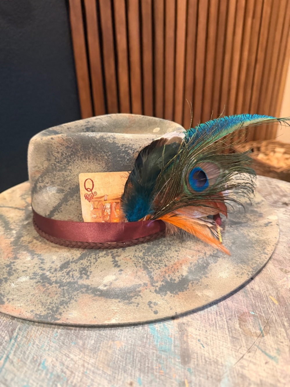 Hand painted Wide-Brim Feather Accent Hat in Taupe with Peacock Feather